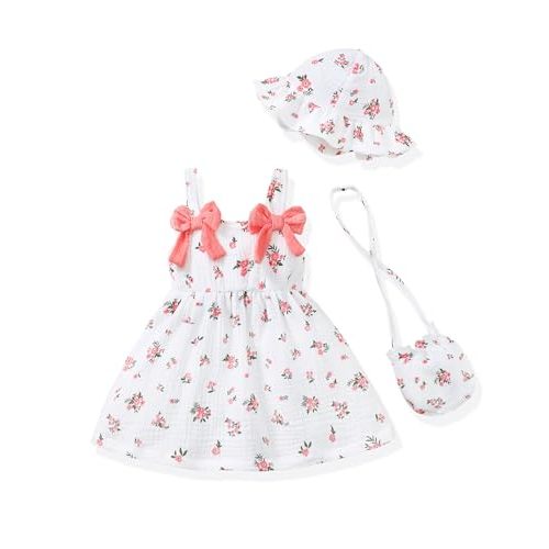 Renotemy Infant Baby Girl Dresses Summer Outfits Casual Cotton Linen Sundress with Hat Toddler Clothes for Girls 3Months-3T
