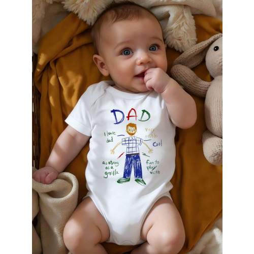 Baby Boy Casual Cartoon Pattern Short Sleeve Romper, Suitable For Spring & Summer, Adorable Crayon Scribble & Father-Son Hand-Drawn Graphic Print
