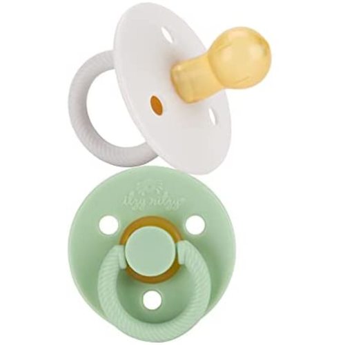 Itzy Ritzy Natural Rubber Pacifiers, Set of 2 – Natural Rubber Newborn Pacifiers with Cherry-Shaped Nipple & Large Air Holes for Added Safety; Set of 2 in Mint & White, Ages 0 – 6 Months
