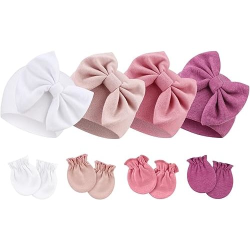 BQUBO Newborn Baby Hats Mittens Set Hospital Hat Beanie Infant Bow Hats Baby Gloves No Scratch Mittens for 0-6 Months