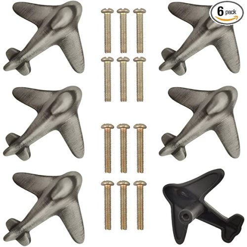 6 Pack Airplanes Knobs Door Handle Cabinet Pull Dresser Single Hole Plane Shape Knobs Handles Drawer Pulls for Furniture (Ancient Silver)