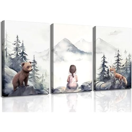 3Pcs Girls Adventure Nursery Canvas Wall Art Woodland Animals Bear & Fox Wall Decor Picture Watercolor Mountain Kids Posters Prints for Girl Bedroom Classroom Baby Room Decorations