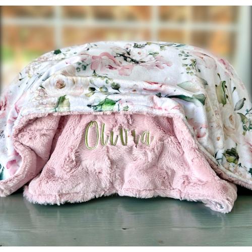 Personalized Baby Blanket, Pink Floral Minky Baby Blanket, Baby Gift, Custom Blanket, Baby Blanket with Name, Pink Baby Blanket