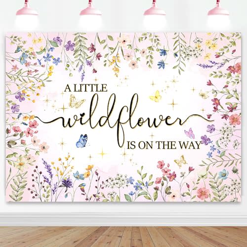 Mocsicka Wildflower Baby Shower Backdrop A Little Wildflower is On The Way Girl Baby Shower Decorations She is a Wildflower Photoshoot Background Banner (7x5ft)