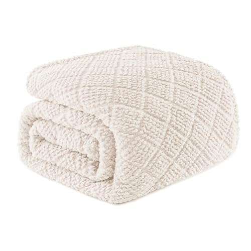 Whale Flotilla Fuzzy Fleece Twin Size Blanket for Bed, Soft Fluffy Jacquard Waffle Blankets for All Season, Lightweight and Warm, 60x80 Inch, Ivory