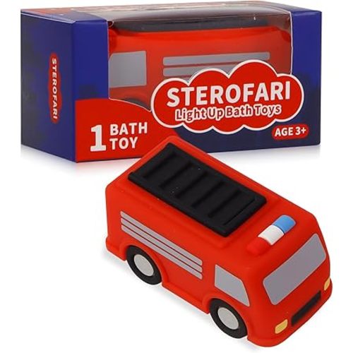 Light Up Bath Toy -Fire Engine, 100% Food Grade Silicone Bathtub Toys, Shake-Activated Light Up Airplane Toy Flash & Lights Color Change, Soft & Squeezable for Baby&Toddler (1 Pack)