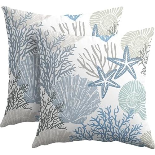 Nautical Coastal Pillow Covers 18x18 Inch Blue Beach Theme Ocean Starfish Seashell Coral Throw Pillows Set of 2 Summer Holiday Outdoor Pillowcases for Home Couch Decor