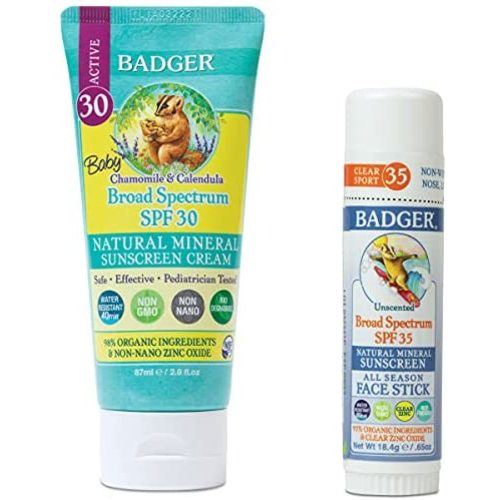 Badger - Baby SPF 30 Sunscreen Cream & Unscented SPF 35 Sport Sunscreen Face Stick, Broad Spectrum Water Resistant Reef Safe Sunscreen, Natural Mineral Sunscreen, 2.9 fl oz Cream, 0.65 oz Stick