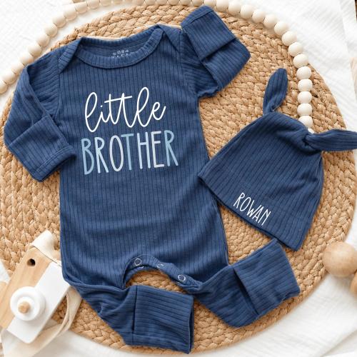 Custom Little Brother Coming Home Outfit, Personalized Ribbed Knotted Bodysuit and Hat Set, Newborn Homecoming Gift