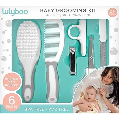 Lulyboo Kit de aseo para bebés de 6 piezas con bolsa de viaje, seguro, sin BPA, juego de aseo para recién nacidos, incluye cortaúñas, tijeras, cepillo, peine y tabla de esmeril, regalo perfecto para