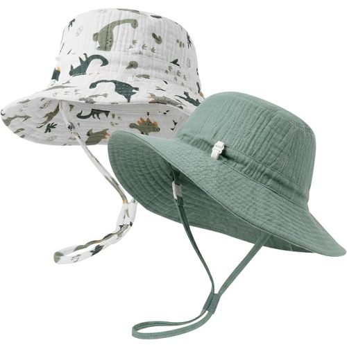 2 Pack Newborn Baby Sun Hat Breathable Muslin Cotton Infant Bucket Cap Adjustable Wide Brim Summer Beach 0-9M