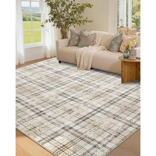 Washable 5x7 Soft Plaid Traditional Tartan Area Rug - Non Shedding, Non Slip, Stain Resistant, for Living Room, Bedroom, Nursery, Office - Beige