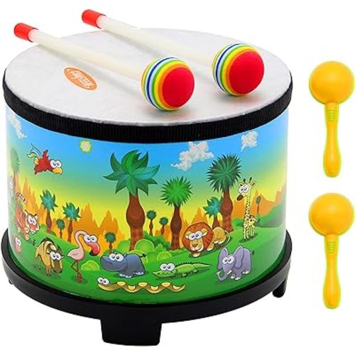 Floor Tom Drum for Kids 8-inch Percussion Instrument Music Drum with 2 Mallets and Color Maracas for Baby Children Special Christmas Birthday Toy Gift