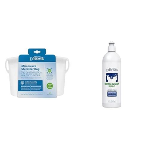 Dr. Brown's Reusable Silicone Sterilizer Bag, Bottle & Dish Soap Bundle - Steam Sterilizes Baby Bottles, Breast Pump Parts & Toddler Accessories