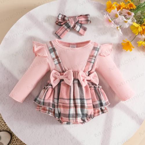 Baby Plaid Bow Pink Bodysuit with Headband