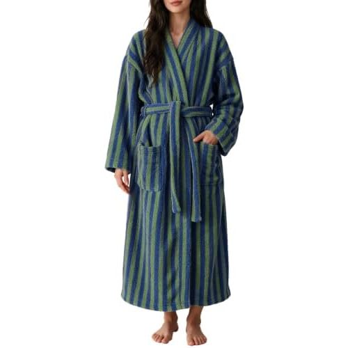 Flygo Women Fluffy Fleece Robe Long Striped Warm Plush Bathrobes