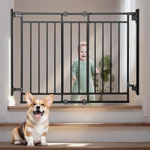 COMOMY 27.5-43" Baby Gate No Bottom Bar for Stairs and Doorways, 2-in-1 Auto Close Dog Gate Indoor for the House, Hardware Mounted Pet Gate with Large Walk Thru Door, Child Safety Gate for Dogs, Black