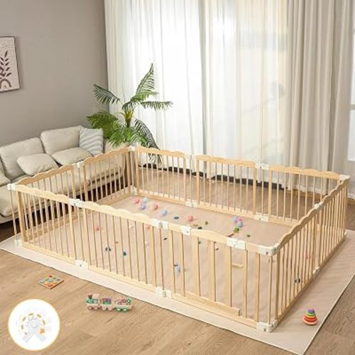 Wooden Baby Playpen 69x103 Inch Foldable Toddler Fence with Safety Lock