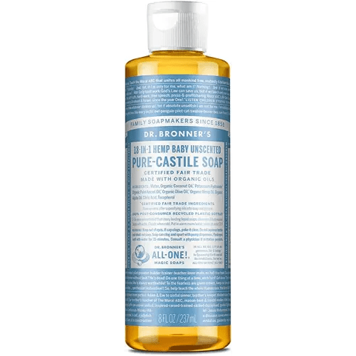 Dr. Bronner's - Pure-Castile Liquid Soap (Baby Unscented, 8 Ounce) - Made with Organic Oils, 18-in-1 Uses: Face, Hair, Laundry, Dishes, For Sensitive Skin, Babies, No Added Fragrance, Vegan, Non-GMO