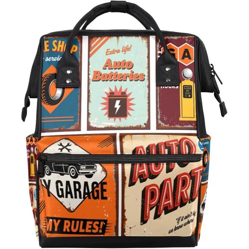 Vintage Car Theme Diaper Bag Backpack Large Compartment Mommy Bag with Stroller Straps Waterproof Casual Daypack for Mom and Dad Travel Bag