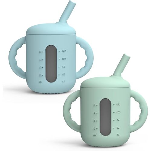Seposeve 2 Pack Silicone Sippy Cups, Leak-Proof Baby Straw Cup for 6-12 Months, Spill Proof Toddler Cup with Straw 1-3 Years, with Capacity Marking, Non-slip Handle, Flow Control, 6 oz, Green Blue