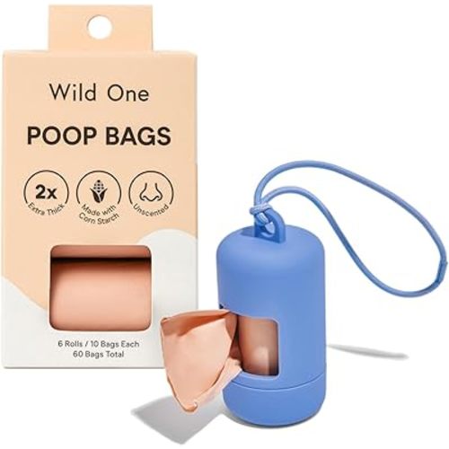 Wild One Dog Poop Bag Holder and Dispenser with Leash Attachment, Leak Proof, Easy Twist Top for Refills, Includes 1 Box Of Bags, Moonstone
