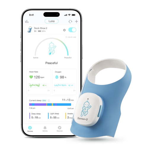 Sense-U Smart Baby Monitor Sock Shoe 2– More Precise Tracking Sleep Insights Movement with Transmissive PPG Foot Sensor,Audible & App notification HSA/FSA Eligible