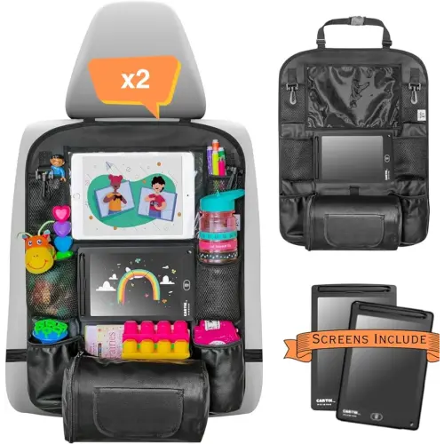 Backseat Car Organizer with LCD Writing Tablet, Includes Erasable Drawing Tablet - Road Trip Essentials for Kids, Car Organizer Backseat Storage for Toys & Accessories (Double pack)