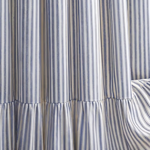 Farmhouse Shower Curtain with Ruffle Hem Linen Shower Curtains for Bathroom Country Vintage Rustic Natural Fabric, Cream-Blue Stripe 72" W x 96" L