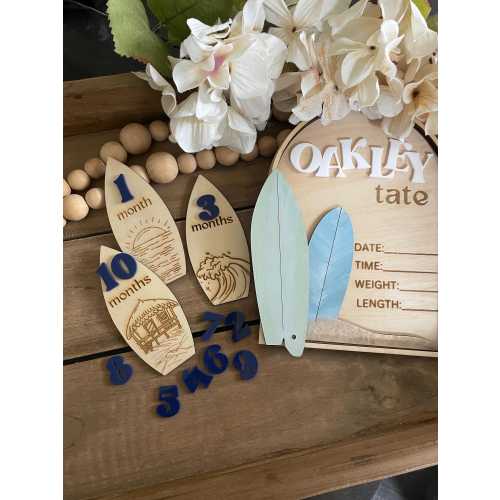 Surfboard Baby Stats Sign: Beach Theme Newborn Announcement, Monthly Milestone Set - He’s here