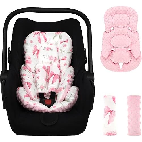 Infant Car Seat Insert Girls, Soft Car Seat Head Support Baby & 2 Strap Pads, Preemie Newborn Carseat Insert Reversible Fits for Stroller, Baby Swing, Rocker, Bassinets, Bouncer, Pink Rose
