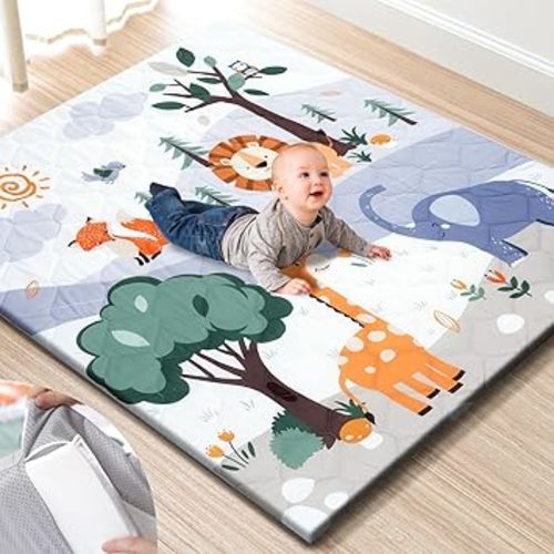 Jungle Safari Premium Foam Baby Play Mat 50" x 50" – Removable & Machine Washable Cover, Extra Thick Padding Playpen Mat, Non-Slip Crawling Mat