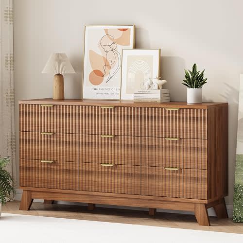 Fluted Dresser for Bedroom with 9 Drawers, 57" Wide Modern Chest of Drawers with Metal Handle, Wooden Dresser TV Stand, Wood Closet Clothes Storage Organizer for Living Room, Hallway, Natural Oak