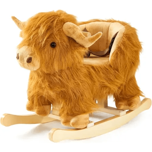 Baby Rocking Horse,Highlander Cattle Wooden Rocking Horse for Toddlers 1 Year Old Cute Cow Stuffed Plush Ride-on Toy Rocking Animal for Baby Boys and Girls Nursery/Child Christmas or Birthday Gift
