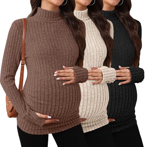 Sweetyweee 3 Pack Maternity T-Shirts Pregnancy Tops Women Sweater Long Sleeve Turtleneck Ribbed Finger Sleeve Outfits