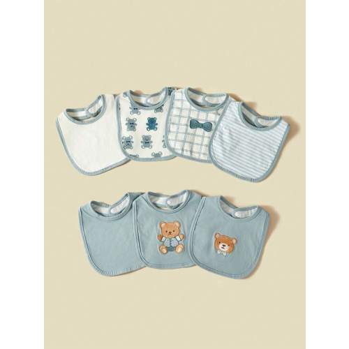 7pcs Baby Boy Drool Bibs With Cute Bear Embroidery, Absorbent Breathable Soft Feeding Burp Cloth | SHEIN USA