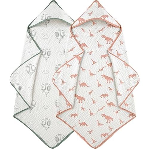 Muslin Hooded Baby Towels for Newborns, 32"x32", 100% Cotton – 6 Layers Super Soft Absorbent Breathable, Baby Bath Towel, Toddler Bath Towel – Pack of 2
