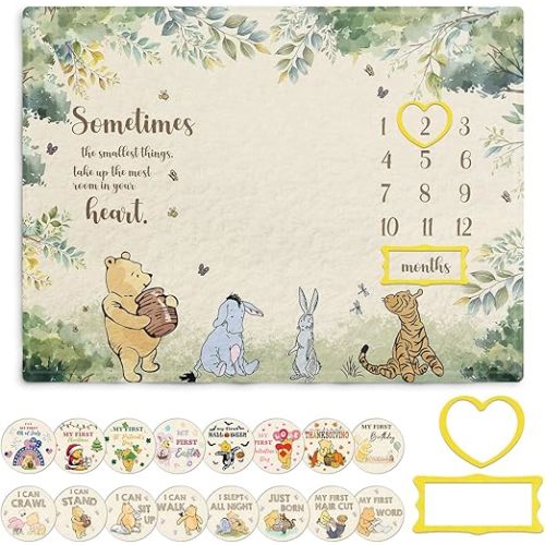 Winnie Milestone Blanket for Baby, Pooh Babies Monthly Blanket, Winnie Quotes Baby Milestone Blankets, Newborn Photography Background Decor, with 8 Holiday Cardstocks