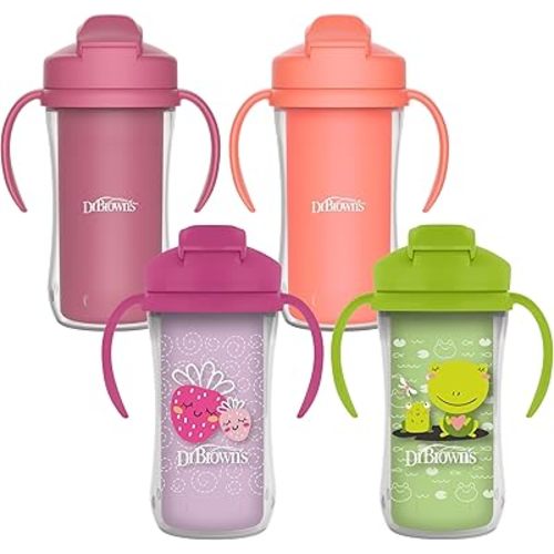 Dr. Brown's Milestones Insulated Sippy Cup with Straw and Handles, Spill-Proof Tumbler with Lid, 4-Pack, Pink/Orange/Green/Purple, 10 oz/300 mL, BPA Free, 12m+