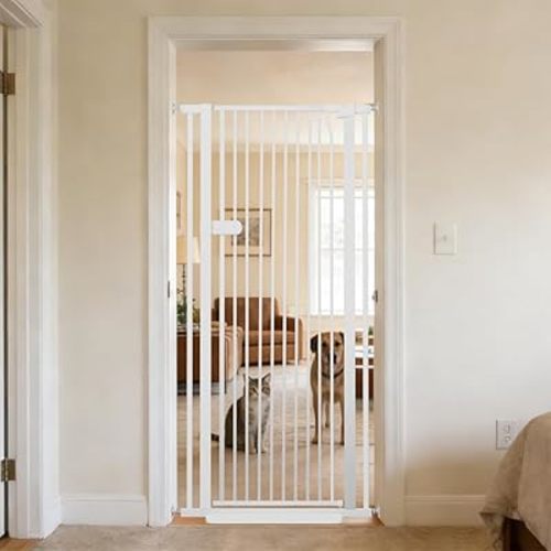 Lumizone Extra Tall Cat Gate 61.02" High Pressure Mounted Extra Wide 2025 New (17 Sizes) 1.37" Gap No Drilling Auto-Close One-Handed Operation Tall Pet Gate for Dogs(White, 61.02" H x 29.92"-34.24" W)