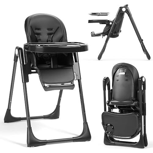 TODEFULL 3 in 1 Foldable Baby High Chair, Infant High Chairs for Babies and Toddlers, 6 Height & 5 Recline Adjustable Toddler Feeding Chair, 2 Tray Depth & 3 Footrest Angles, 2 Built-in Wheels, Black