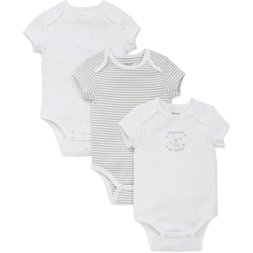 Little Me Baby Gender Neutral 3-Pack Short Sleeve Bodysuit Scratch Free 100% Cotton, Quick Snap Closures, Newborn to 9 Months