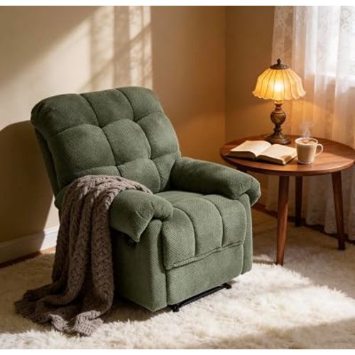 KEIKI Recliner Chair, Upholstered Nursery Rocker Reclining Chair with Side Pocket, Single Sofa Armchair for Living Room, Bedroom, Nursing, Reading, Army Green
