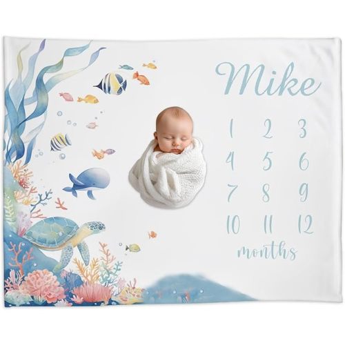 Custom Baby Boy Milestone Blanket with Name – Personalized Sea Animals Monthly Blanket for Newborn, Soft for Boys, Photo Prop Blankets for New Moms