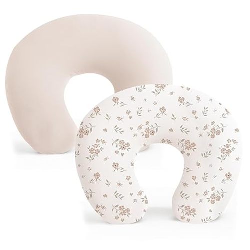 Konssy 2 Pack Nursing Pillow Covers, Stretchy and Soft Nursing Cover for Breastfeeding, Pillow Slipcover for Baby Girls Boys Newborn (Beige, Blossom)