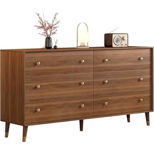 6 Drawer Dresser for Bedroom, 55 Inch Walnut Dresser for Closet, Mid Century Wood Chest of Drawers with Natural Texture & Pre-Embedded Slots for TV Stand, Living Room, Hallway, Office