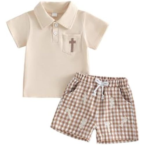 Sprifallbaby Toddler Baby Boy Easter Outfit Summer Clothes Cross Embroidery Short Sleeve Lapel Shirt Plaid Shorts Set