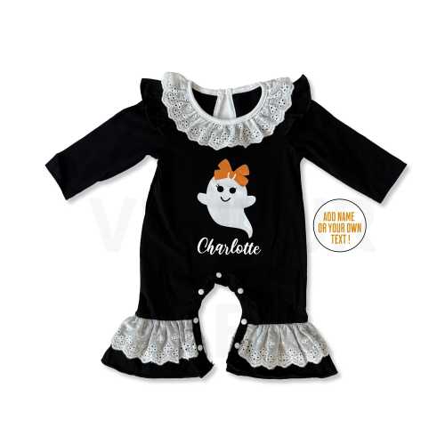 Custom Baby Girl Halloween Romper: Ghost Appliqué, Eyelet Detail
