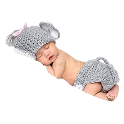 Vomdrok Newborn Baby Photography Props Outfits Crochet Elephant Hat Shorts Infant Baby Boy Girl Photoshoot Costume Grey