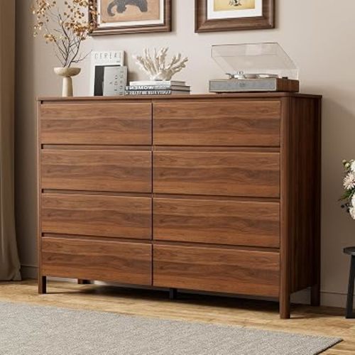 Furniway 55" Mid-Century Modern Dresser for Bedroom, 8 Drawer Wide Chest of Drawers with Wood Legs, Large Storage Bedroom Dresser, Walnut